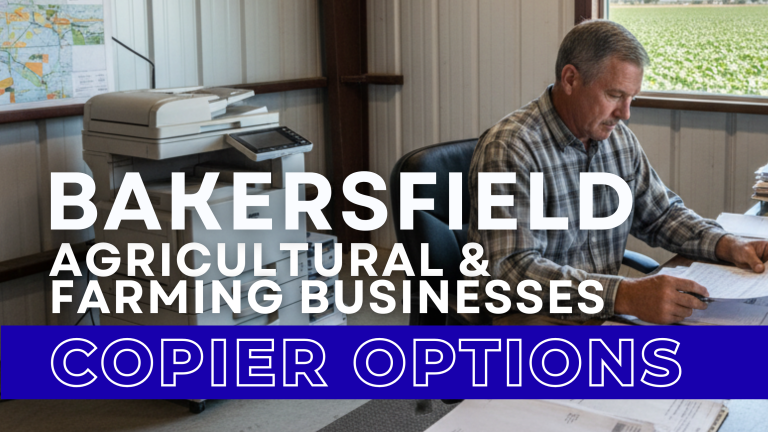 Bakersfield farm office with copier, reports, and a manager reviewing agricultural paperwork.