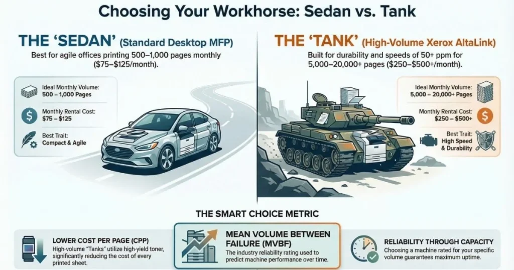 A visual comparison for Bakersfield business owners between compact desktop MFPs and high-volume Xerox AltaLink "tanks" based on monthly page volume.