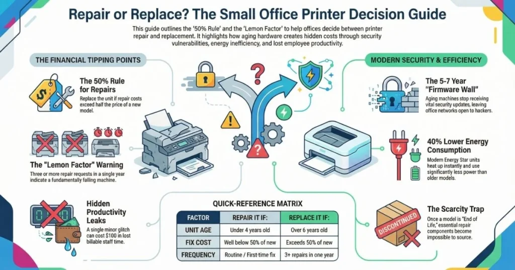 Visual guide for Bakersfield offices deciding on Printer Repair, featuring the 50% rule, 3-strike lemon factor, and legacy hardware risks.