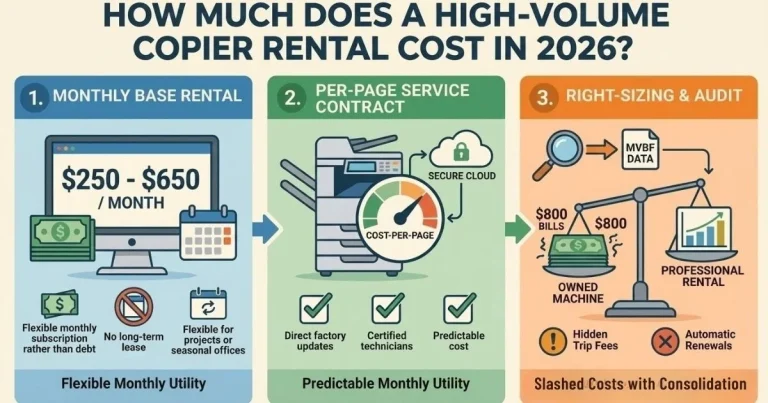 Infographic showing a Copier Rental Cost of $250 to $650 per month in Bakersfield, featuring flexible monthly subscriptions and no long-term debt.