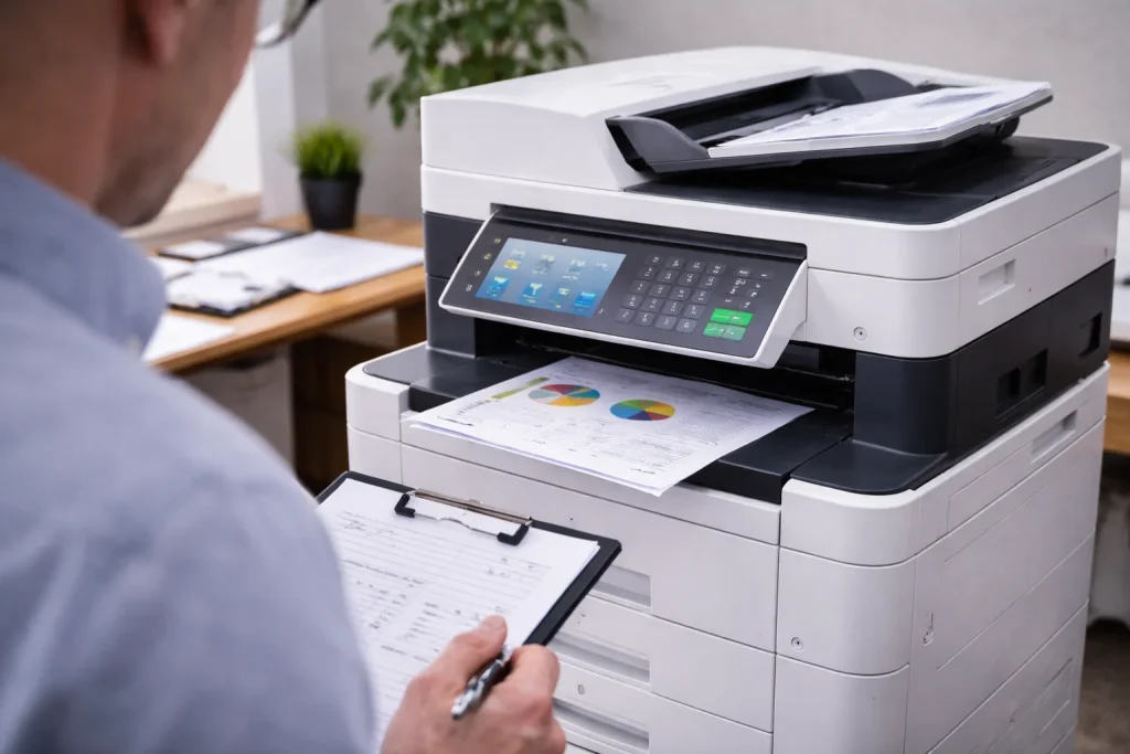 An office worker at 6901 District Boulevard reviewing high-quality color prints from enterprise-grade multifunction copiers.
