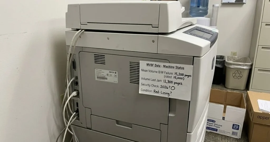 Back view of a Xerox copier with a status sign displaying MVBF data of 15,200 pages to monitor hardware health.