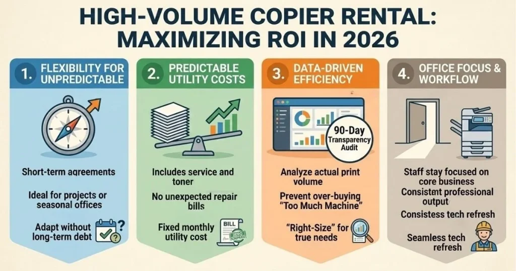 Four-step guide to maximizing ROI and managing Copier Rental Cost in Bakersfield through 90-day transparency audits and data-driven efficiency.