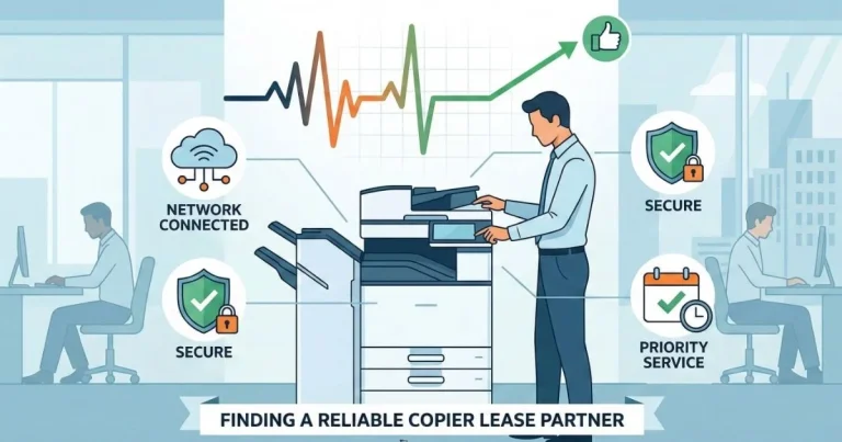 A professional technician providing a Reliable Copier Lease in Bakersfield, featuring 4-hour SLAs, secure network connectivity, and priority service.