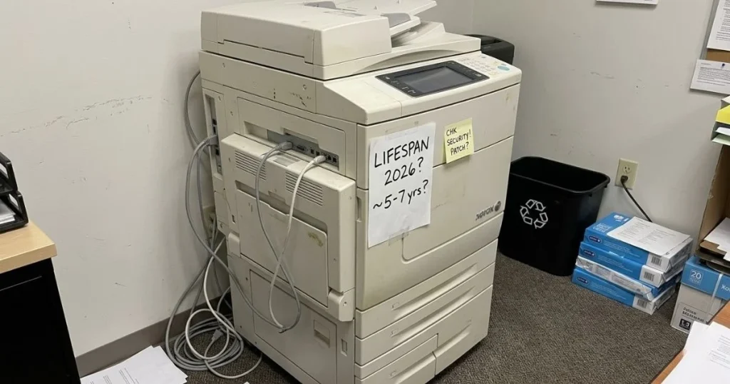 An older Xerox copier in a Bakersfield office corner with a note regarding its 2026 lifespan and security patch requirements.