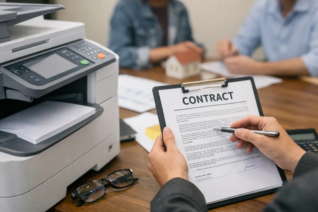 A close-up of a business professional reviewing a Bakersfield copier lease contract to avoid traps.