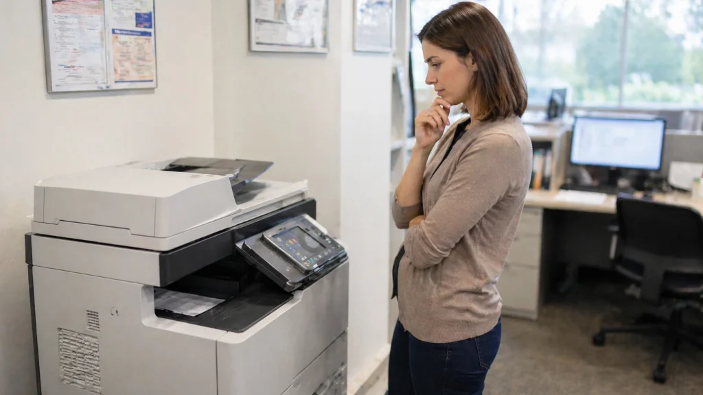 Business woman standing beside an office copier thinking about whether to buy or lease in Bakersfield CA