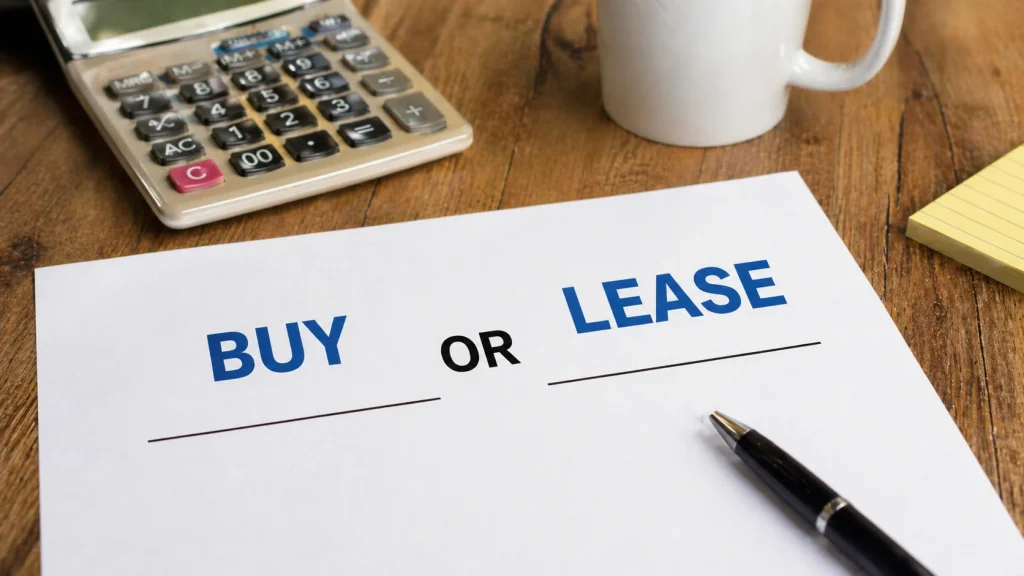 Buy or lease a copier decision document on a desk with a calculator for Bakersfield CA businesses