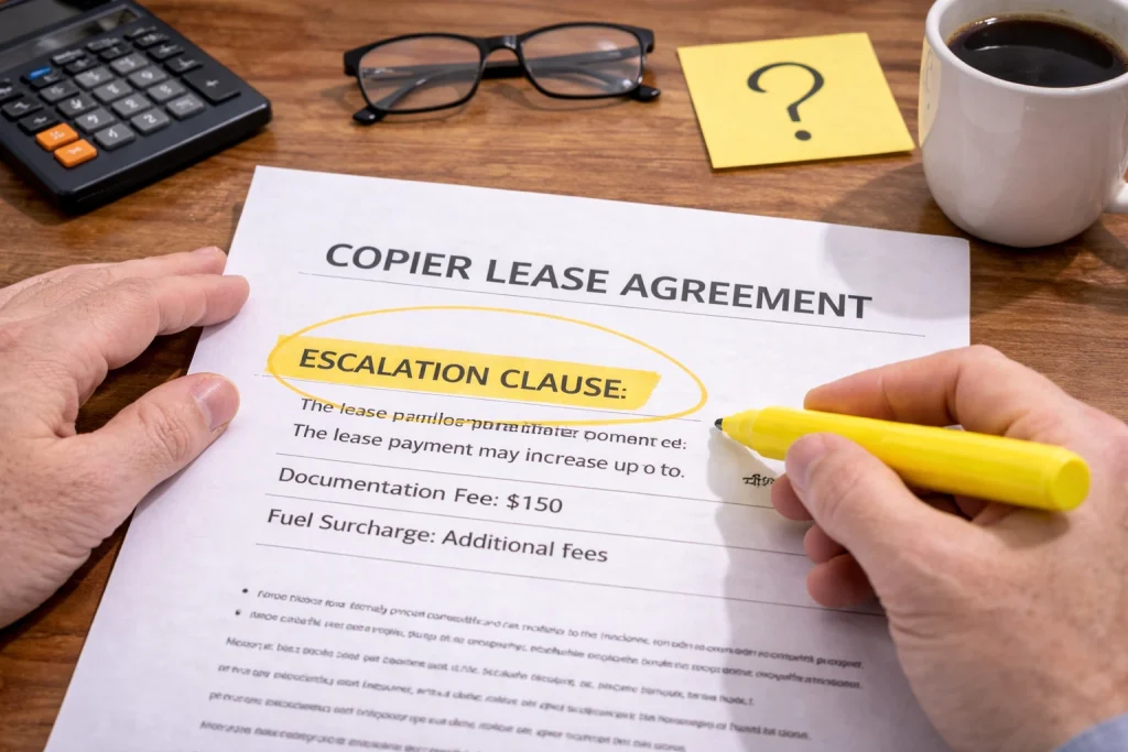 Hand highlighting a clause in a Bakersfield Copier Lease Agreement to ensure all terms are understood.
