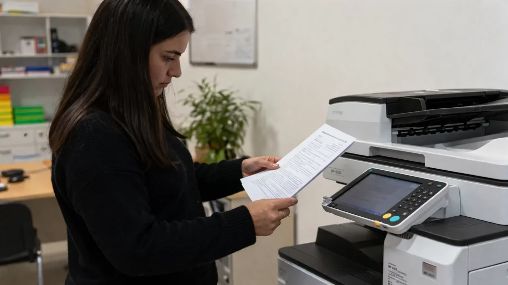 A woman standing by an office copier reviewing a document for Bakersfield copier lease traps.