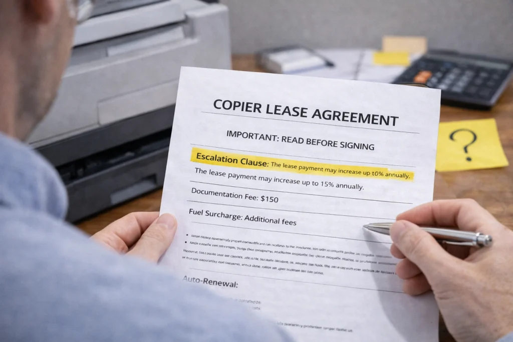 Person reviewing the "Important: Read Before Signing" section of Bakersfield Copier Lease Agreements.