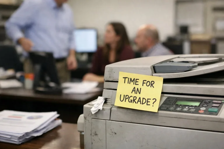A dusty office printer with a yellow sticky note asking "Time for an upgrade?" in a Bakersfield office.
