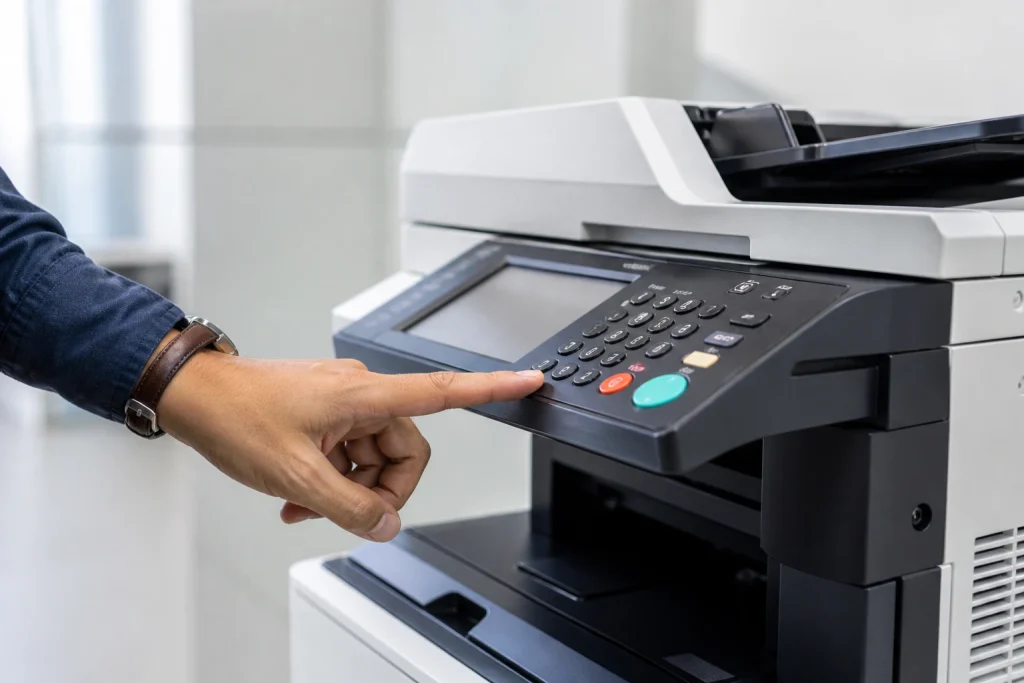 Business person pressing button on office copier control panel for a leased copier in Bakersfield CA