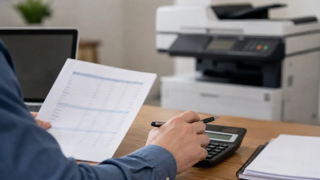 Business owner reviewing financial report with calculator while budgeting for copier lease costs in Bakersfield CA