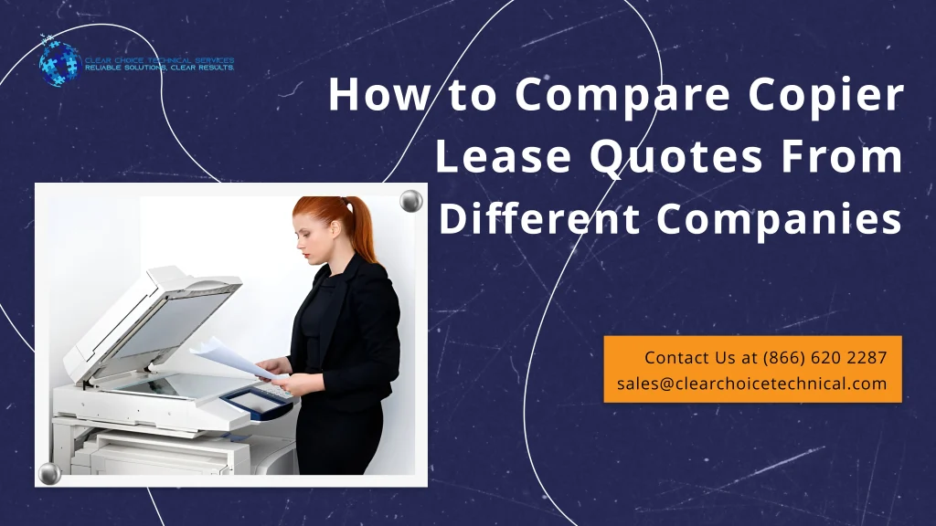 Bakersfield office professional scanning documents while reviewing and comparing copier lease quotes from different companies