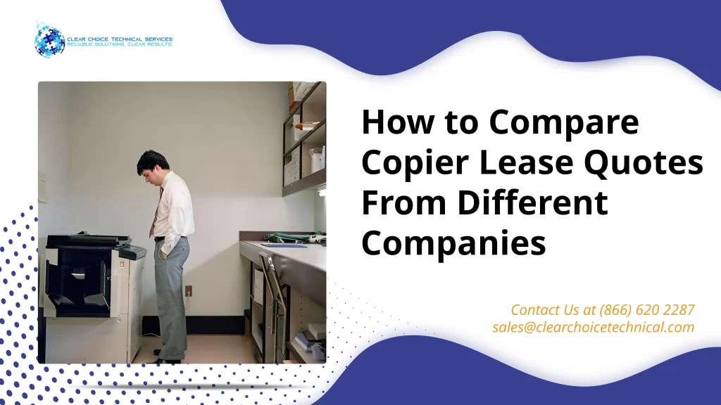 Bakersfield business professional standing beside an office copier evaluating copier lease quotes from multiple companies