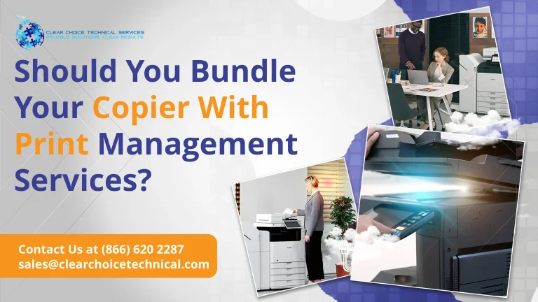 Creative marketing layout asking "Should You Bundle Your Copier With Print Management Services?" surrounded by overlapping office lifestyle pictures.