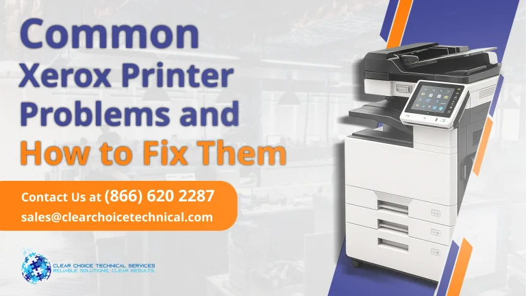 Promotional graphic titled "Common Xerox Printer Problems and How to Fix Them" featuring a commercial printer overlay.